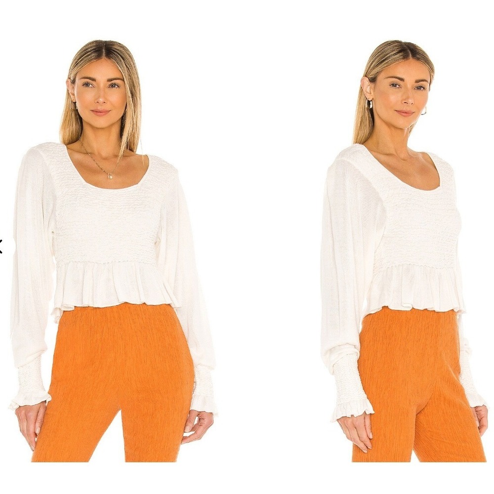 Free People Free Spirit Smocked Crop Top S Ivory Cream Peplum Ruffle Knit Blouse
